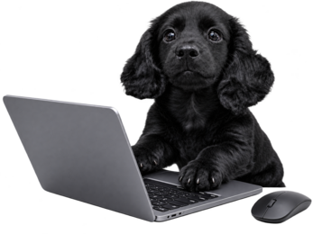 パソコンを使う黒い子犬